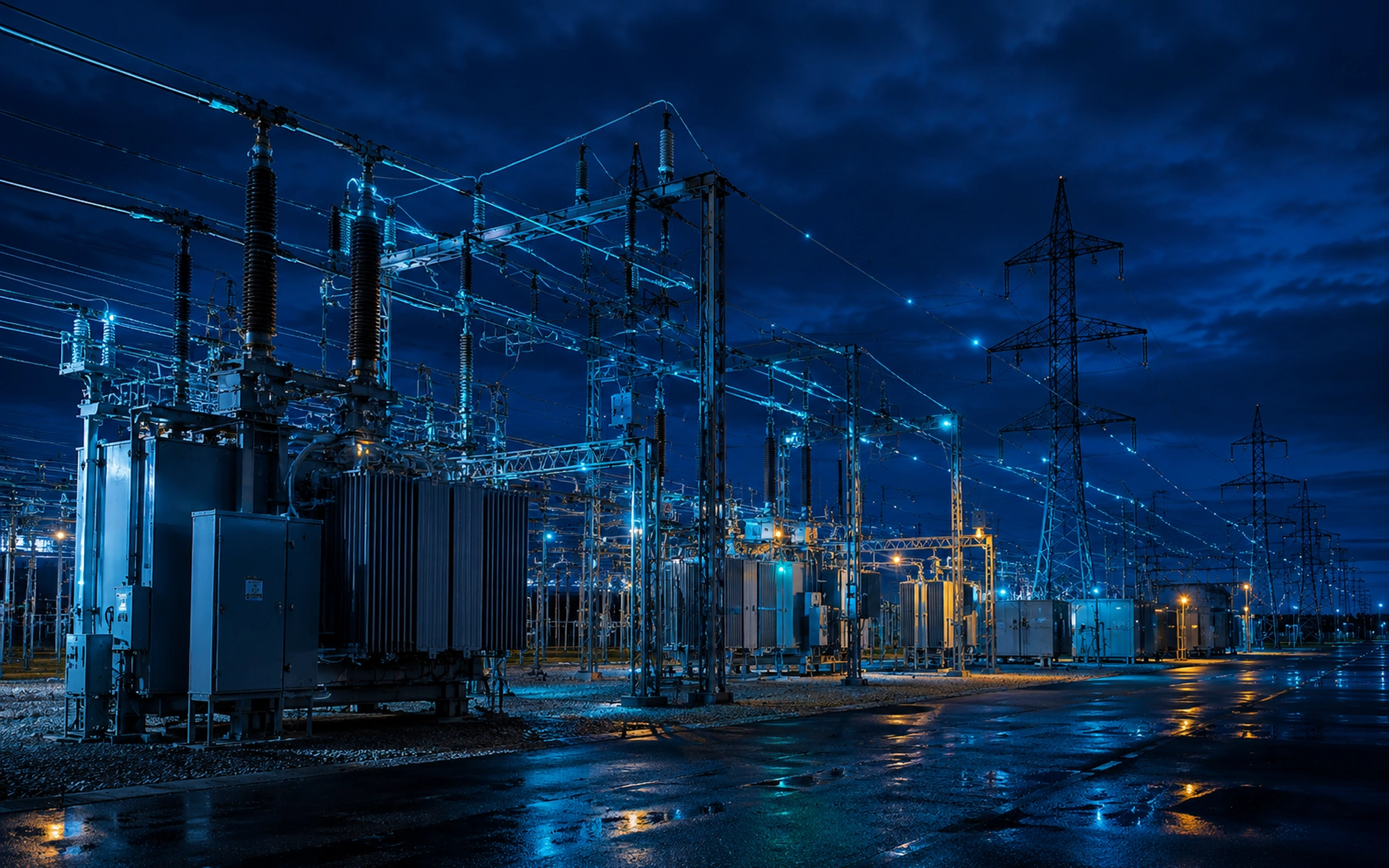 A high-voltage substation at night, transformers and switchgear lit blue beneath overhead transmission lines.