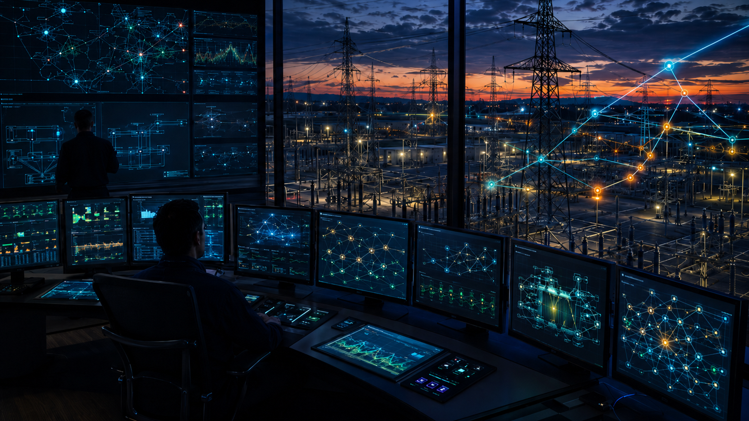 A grid control room at dusk: an operator watching topology and telemetry across a wall of screens, the transmission switchyard visible through the window.
